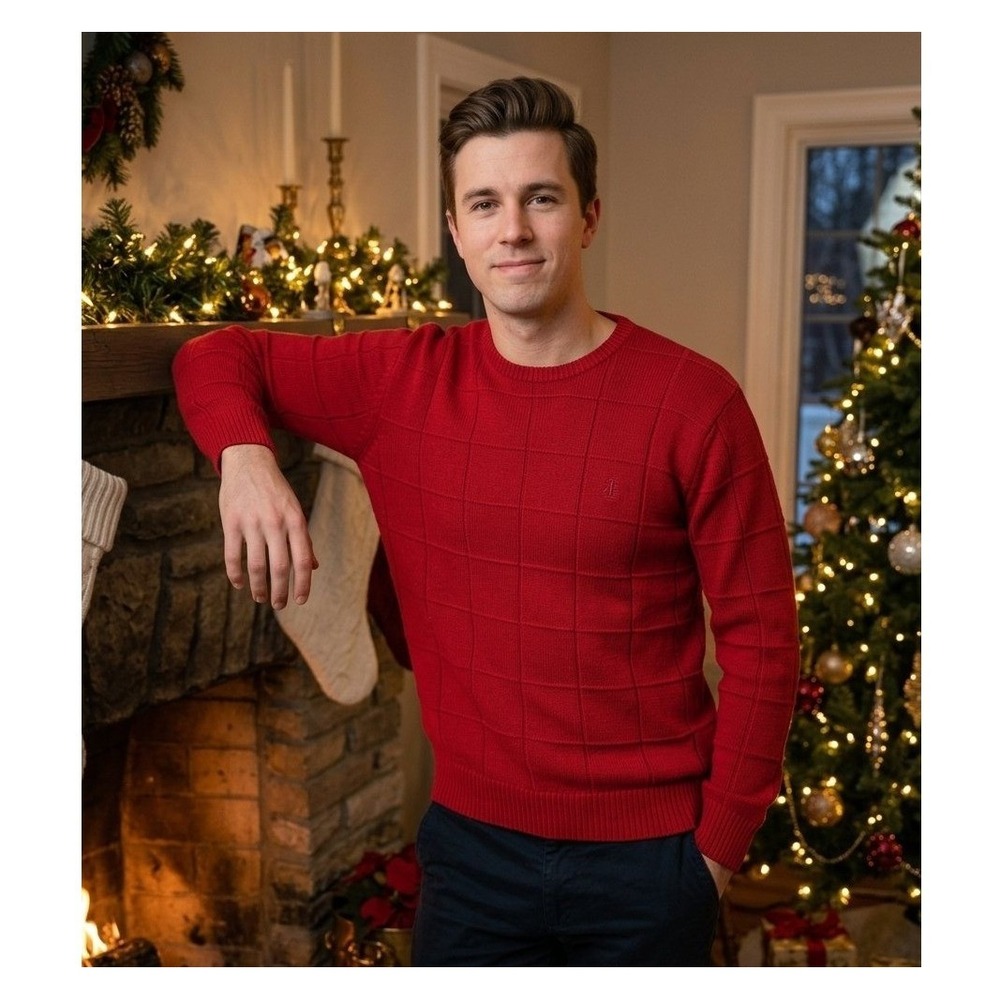 IZOD Mens Medium Red Crewneck Sweater Cotton Grid Texture Pullover Vintage Style